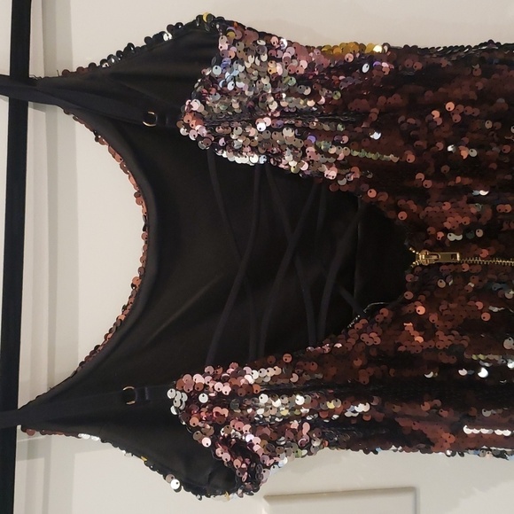 REVAMPED Sequence Evening Mini Dress Gold Copper Silver Spaghettin Straps - Picture 9 of 14